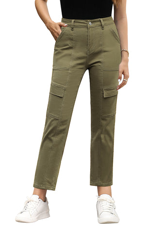 Olive Green Cargo High Waisted Straight Leg Stretchy Distressed Denim Pants for Women