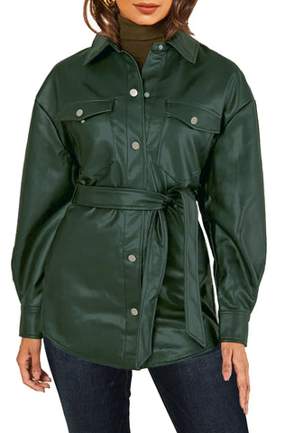 Dark Green Women's Long Sleeve Faux Fur Belted Biker Moto Coat Leather