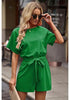 Fern Green Women Casual Short Sleeves Self-Tie Belted Short Romper Jumpsuits