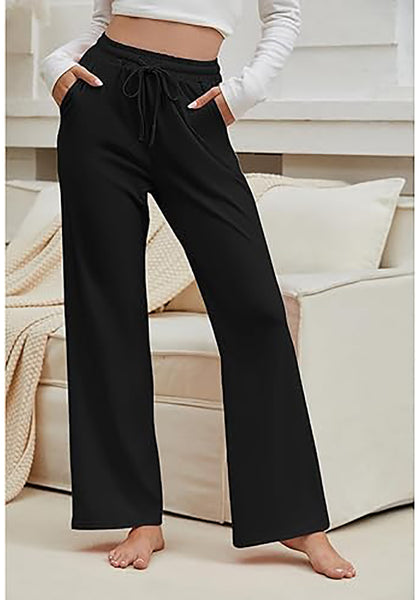 Black  Women's Casual Elastic Waist Full Length Relaxed Fit Stretch Wide Leg Pants Side Pocket