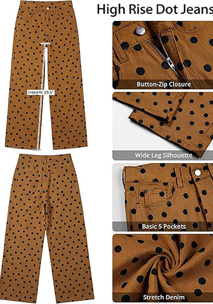 LookbookStore Wide Leg Jeans for Women High Waisted Polka Dot Stretch Denim Pants | Polka Dot, 90s Baggy Straight, High Rise, 29.5 Inch Inseam, Stretchy Jean Pants, Classic 5 Pockets, Business Casual Outfits