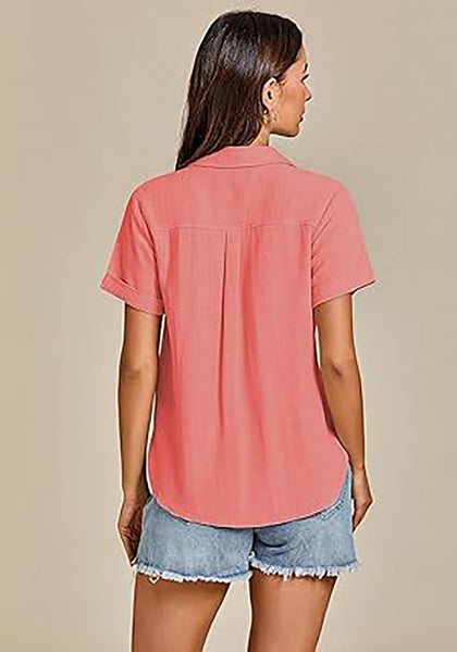 Coral Red for Women's Lapel Button Front Short Sleeve Top Casual Blouse Button-Down Shirt