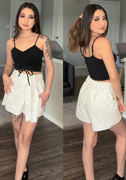Brilliant White Women's High Waist Wide Leg Stretch Belted Shorts PU Leather Pants
