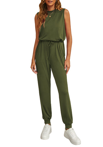 Olive Green Women's Sleeveless Drawstring Jumpsuit with Stretchy Long Pants Jogger