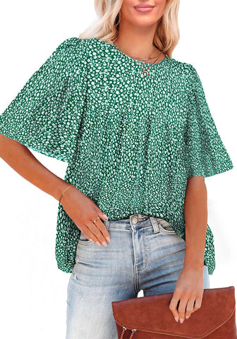 Green Floral Women's Casual Floral Print Short Sleeve Flowy Babydoll Tops