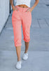 Pink Women's High Wasited Cargo Pants Cuffed Hem Elastic Waist Capri Pants With Pockets
