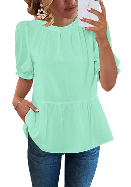 Brook Green 2023 Blouses for Women Dressy Casual Peplum Tops Puff Sleeve Ruffle Mock Neck Dress Shirt Flowy Summer