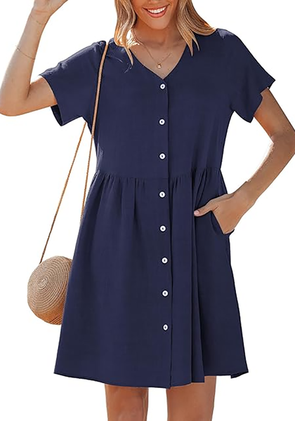 LookbookStore Women's Navy Blue Summer Casual Linen Babydoll Dress V Neck Short Sleeve Button Down Above Knee with Pockets