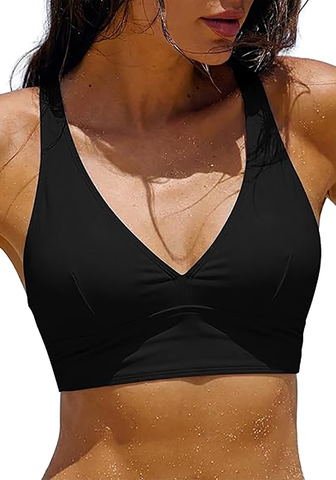 LookbookStore Women's Black V Neck Ruched Criss Cross Padded Bikini Top Modest Cute Swim Top for Beach Vacation