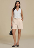 LookbookStore Women Beige High Waist Pleated Wide Leg Shorts, Casual Dressy Baggy Midi Work Shorts with Rolled Hem & Pockets