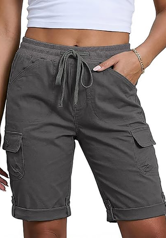LookbookStore Women's Dark Gray Relaxed Fit Bermuda Shorts with Drawstring Waist and Utility Cargo Pockets
