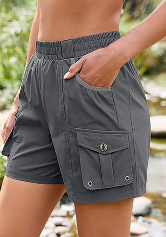 LookbookStore Women Dark Gray Elastic Waist Hiking Shorts Quick Dry Zipper Pockets Lightweight 5 Inch Inseam Pull On Camping Cargo Shorts