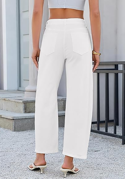LookbookStore Women's Cream White High Waisted Baggy Barrel Jeans Cropped Wide Leg Casual Stretchy Denim Pants with Side Seam