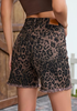 LookbookStore Women Brown Leopard High Rise Leopard Cheetah Print Jean Shorts, Stretch Denim Raw Hem Mid Thigh Casual Summer Jorts
