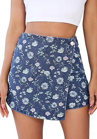 LookbookStore Women's Darkness Blue Floral Denim Skorts Trendy Floral Print Faux Wrap High Waisted Stretchy Elastic Waist Jean Skort