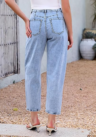 LookbookStore Roadnight Blue Barrel Jeans for Women Chic Retro High Waist Loose Cropped Denim Pants with Utility Patch Pockets