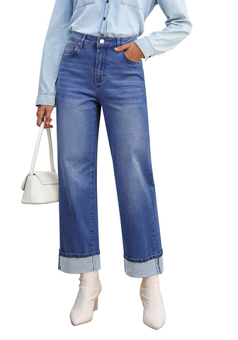 Classic Blue Women's Fashionable High Waisted Wide Leg Jeans Casual Jeans Versatile for Commuting
