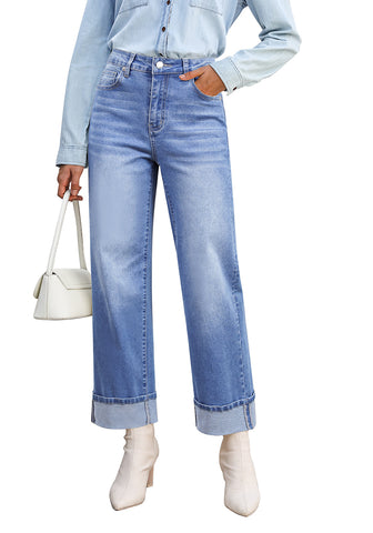 Medium Blue Women's Fashionable High Waisted Wide Leg Jeans Casual Jeans Versatile for Commuting