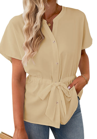 Beige Women's Short Sleeve Office Blouse Button-Down Shirts