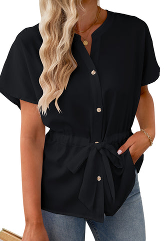 Black Women's Short Sleeve Office Blouse Button-Down Shirts
