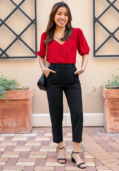 True Red Women's Puff Sleeve V-Neck Blouses Business Casual Work Tops
