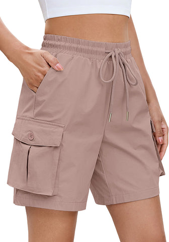 LookbookStore Women's Adobe Rose High Waisted Pull On Cargo Hiking Shorts, Water Resistant Casual Golf Shorts with 7 Inch Inseam, Mid Thigh Length