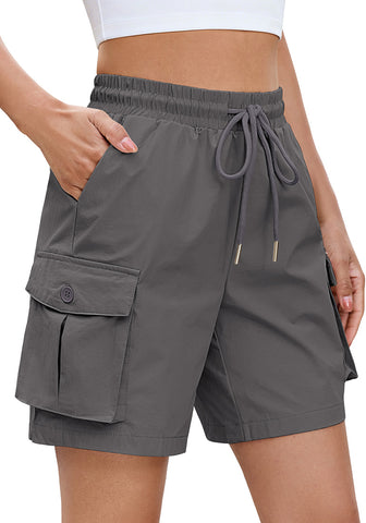 LookbookStore Women's Dark Gray High Waisted Pull On Cargo Hiking Shorts, Water Resistant Casual Golf Shorts with 7 Inch Inseam, Mid Thigh Length