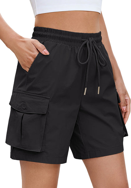 LookbookStore Women's Black High Waisted Pull On Cargo Hiking Shorts, Water Resistant Casual Golf Shorts with 7 Inch Inseam, Mid Thigh Length