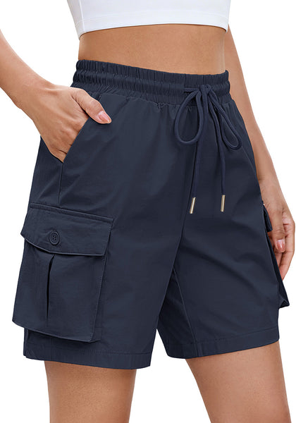 LookbookStore Women's Navy Blue High Waisted Pull On Cargo Hiking Shorts, Water Resistant Casual Golf Shorts with 7 Inch Inseam, Mid Thigh Length