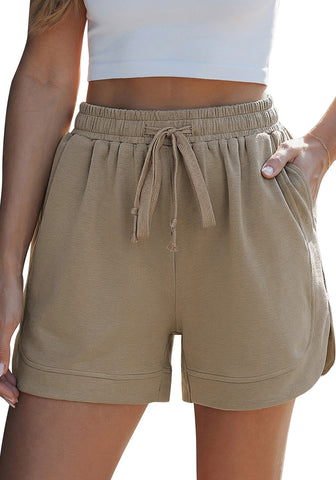 LookbookStore Women's Khaki High Waisted Elastic Waist Sweat Shorts Loose Fit Comfy Casual Summer Athleisure Shorts