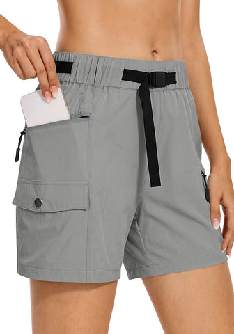 LookbookStore High Rise Titanium Gray Women's Cargo Shorts, Mid-Thigh Quick Dry Hiking Shorts with Belt & Zipper Pockets