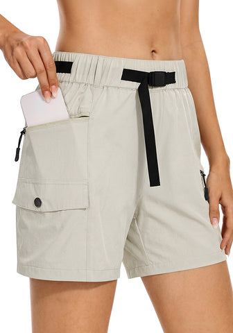 LookbookStore High Rise Turtledove Women's Cargo Shorts, Mid-Thigh Quick Dry Hiking Shorts with Belt & Zipper Pockets