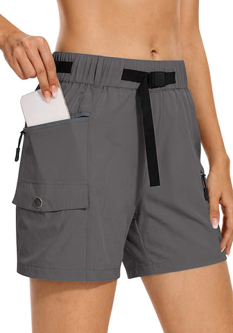 LookbookStore High Rise Pavement Gray Women's Cargo Shorts, Mid-Thigh Quick Dry Hiking Shorts with Belt & Zipper Pockets