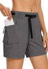 LookbookStore High Rise Pavement Gray Women's Cargo Shorts, Mid-Thigh Quick Dry Hiking Shorts with Belt & Zipper Pockets