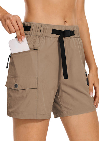 LookbookStore High Rise Khaki Women's Cargo Shorts, Mid-Thigh Quick Dry Hiking Shorts with Belt & Zipper Pockets