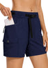 LookbookStore High Rise Navy Blue Women's Cargo Shorts, Mid-Thigh Quick Dry Hiking Shorts with Belt & Zipper Pockets