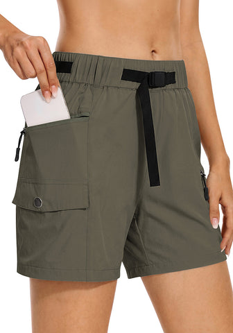 LookbookStore High Rise Army Green Women's Cargo Shorts, Mid-Thigh Quick Dry Hiking Shorts with Belt & Zipper Pockets