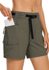 LookbookStore High Rise Army Green Women's Cargo Shorts, Mid-Thigh Quick Dry Hiking Shorts with Belt & Zipper Pockets