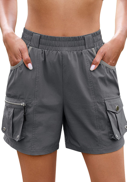 LookbookStore Women Dark Gray Elastic Waist Hiking Shorts Quick Dry Zipper Pockets Lightweight 5 Inch Inseam Pull On Camping Cargo Shorts