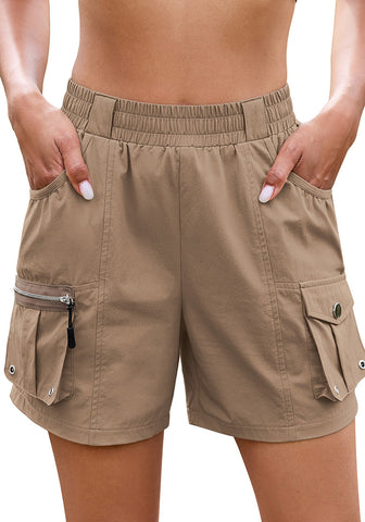 LookbookStore Women Khaki Elastic Waist Hiking Shorts Quick Dry Zipper Pockets Lightweight 5 Inch Inseam Pull On Camping Cargo Shorts
