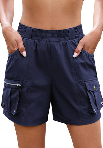 LookbookStore Women Navy Blue Elastic Waist Hiking Shorts Quick Dry Zipper Pockets Lightweight 5 Inch Inseam Pull On Camping Cargo Shorts