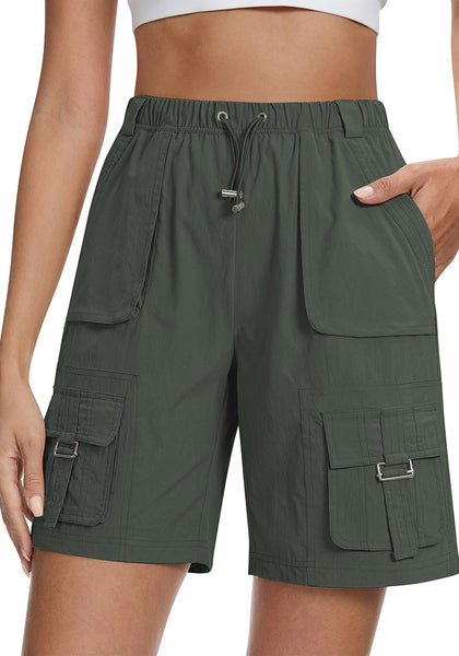 LookbookStore Women's Deep Forest Green 9" Inseam Bermuda Hiking Shorts Knee Length Quick Dry Elastic Waist Pull On Cargo Sport Long Shorts