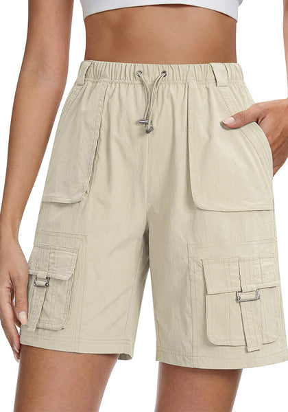 LookbookStore Women's Oatmeal 9" Inseam Bermuda Hiking Shorts Knee Length Quick Dry Elastic Waist Pull On Cargo Sport Long Shorts