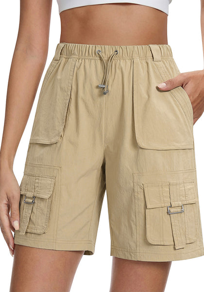 LookbookStore Women's Summer Tan 9" Inseam Bermuda Hiking Shorts Knee Length Quick Dry Elastic Waist Pull On Cargo Sport Long Shorts