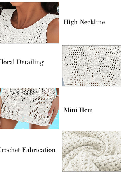 Cream Women Hollow Out Swim Bathing Suit Cover Ups Knit Floral Crochet Short Mini Beach Dresses