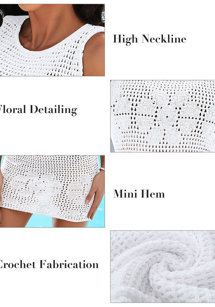 Off White Women Hollow Out Swim Bathing Suit Cover Ups Knit Floral Crochet Short Mini Beach Dresses