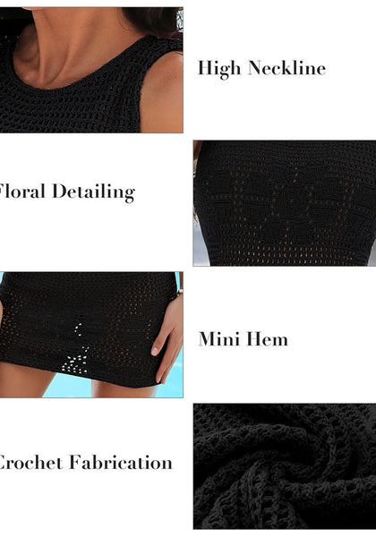 Black Women Hollow Out Swim Bathing Suit Cover Ups Knit Floral Crochet Short Mini Beach Dresses