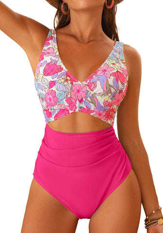 LookbookStore Women's Magenta Pink Floral V Neck Block One Piece Swimsuit with Cut Out & Ruched High Waist