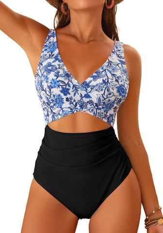 LookbookStore Women's Black Blue Floral V Neck Block One Piece Swimsuit with Cut Out & Ruched High Waist