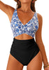 LookbookStore Women's Black Blue Floral V Neck Block One Piece Swimsuit with Cut Out & Ruched High Waist